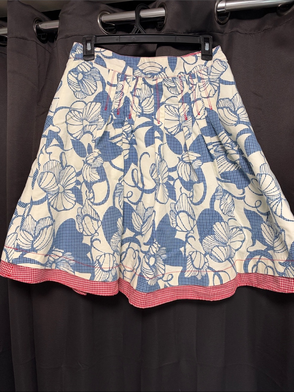 St. Martins Scandinavian Blue & White Floral A-Line Skirt with Red Trim